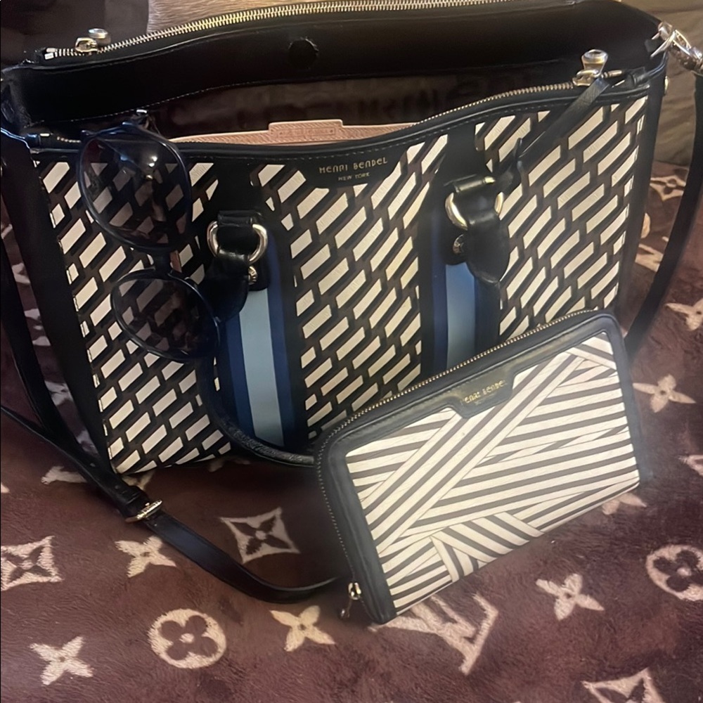 Henri Bendel Black and White Striped Tote with Blue Accents